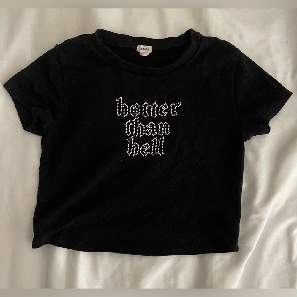 Garage Hotter Than Hell Rhinestone Black Cropped T-Shirt